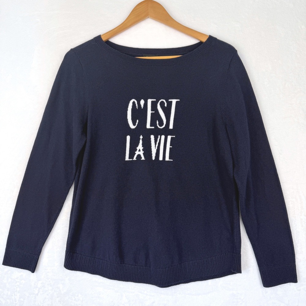 Talbots Cest‎ La Vie Navy Blue Graphic Cotton Blend Sweater Womens Large L